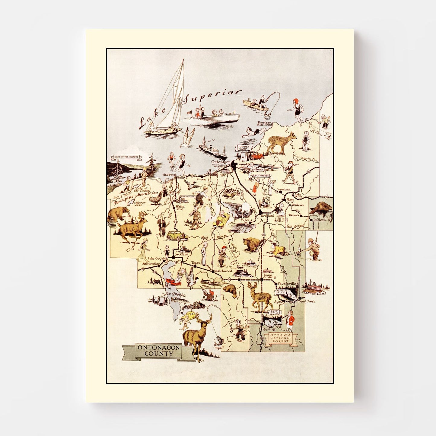 Vintage Map of Ontonagon County, Michigan, 1936