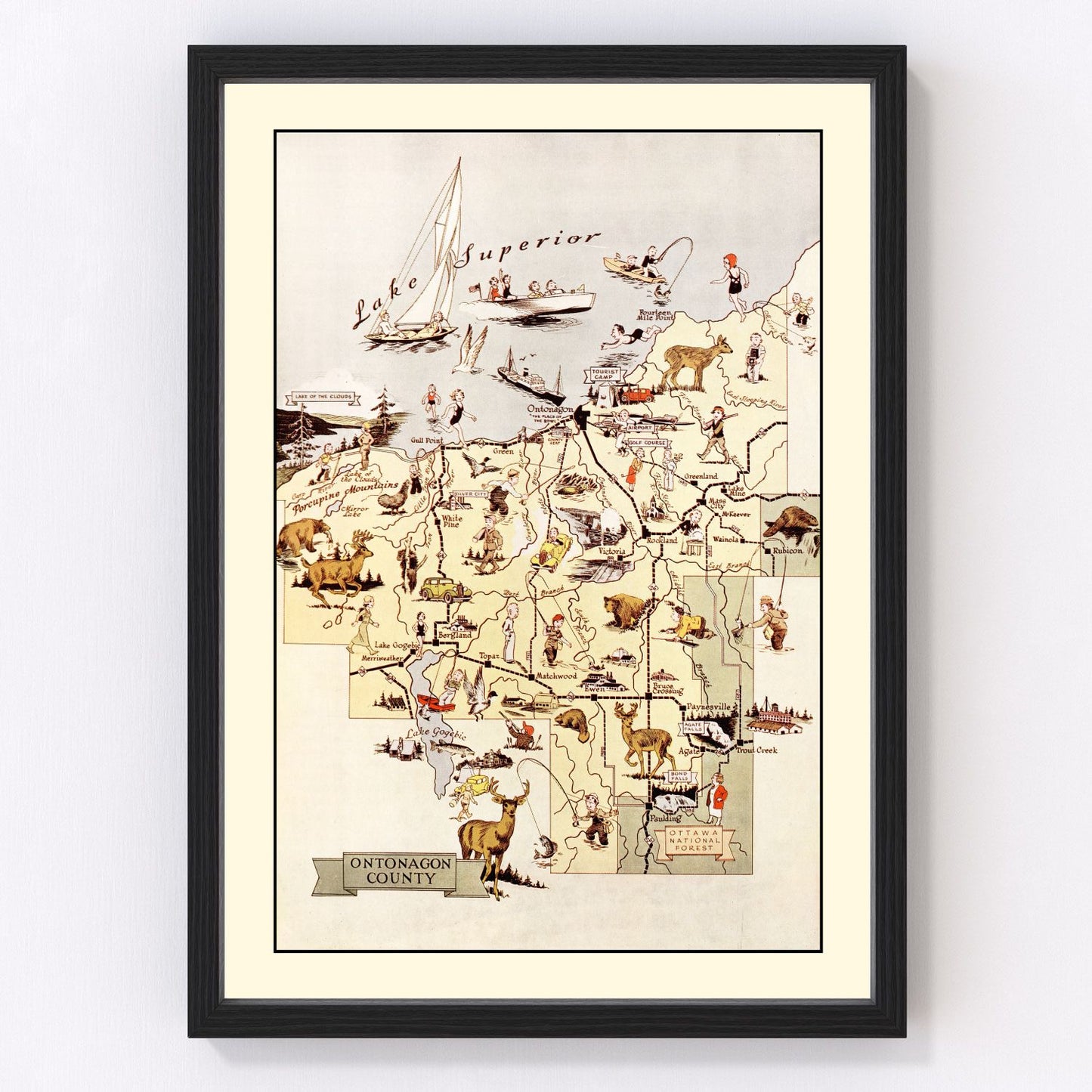Vintage map of Ontonagon County, Michigan, 1936
