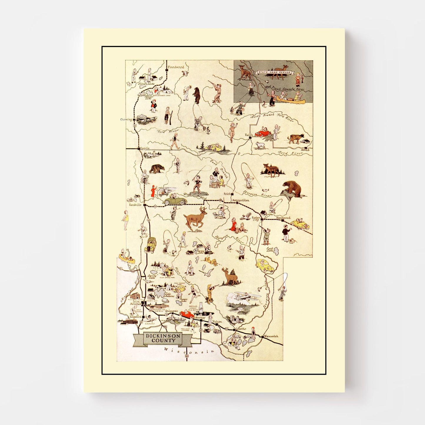 Vintage Map of Dickinson County, Michigan, 1936