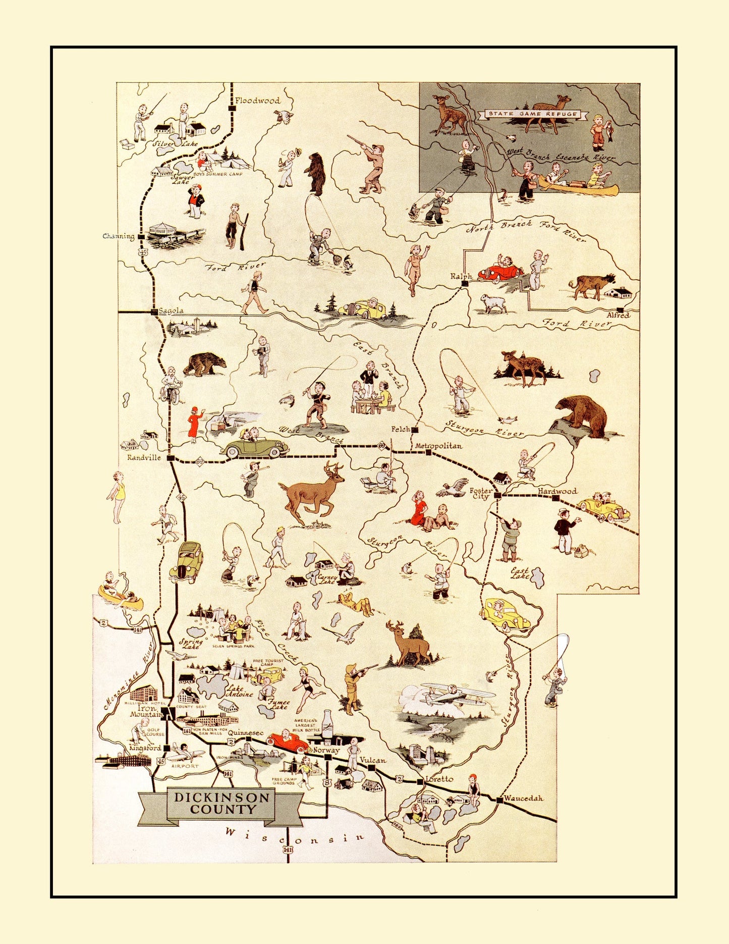 Vintage Map of Dickinson County, Michigan, 1936