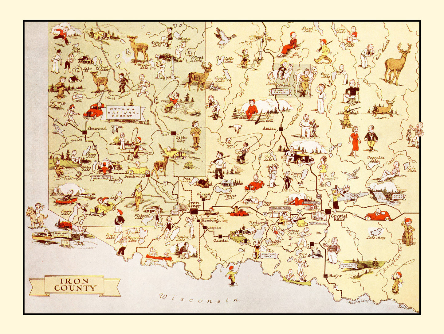 Vintage Map of Iron County, Michigan, 1936