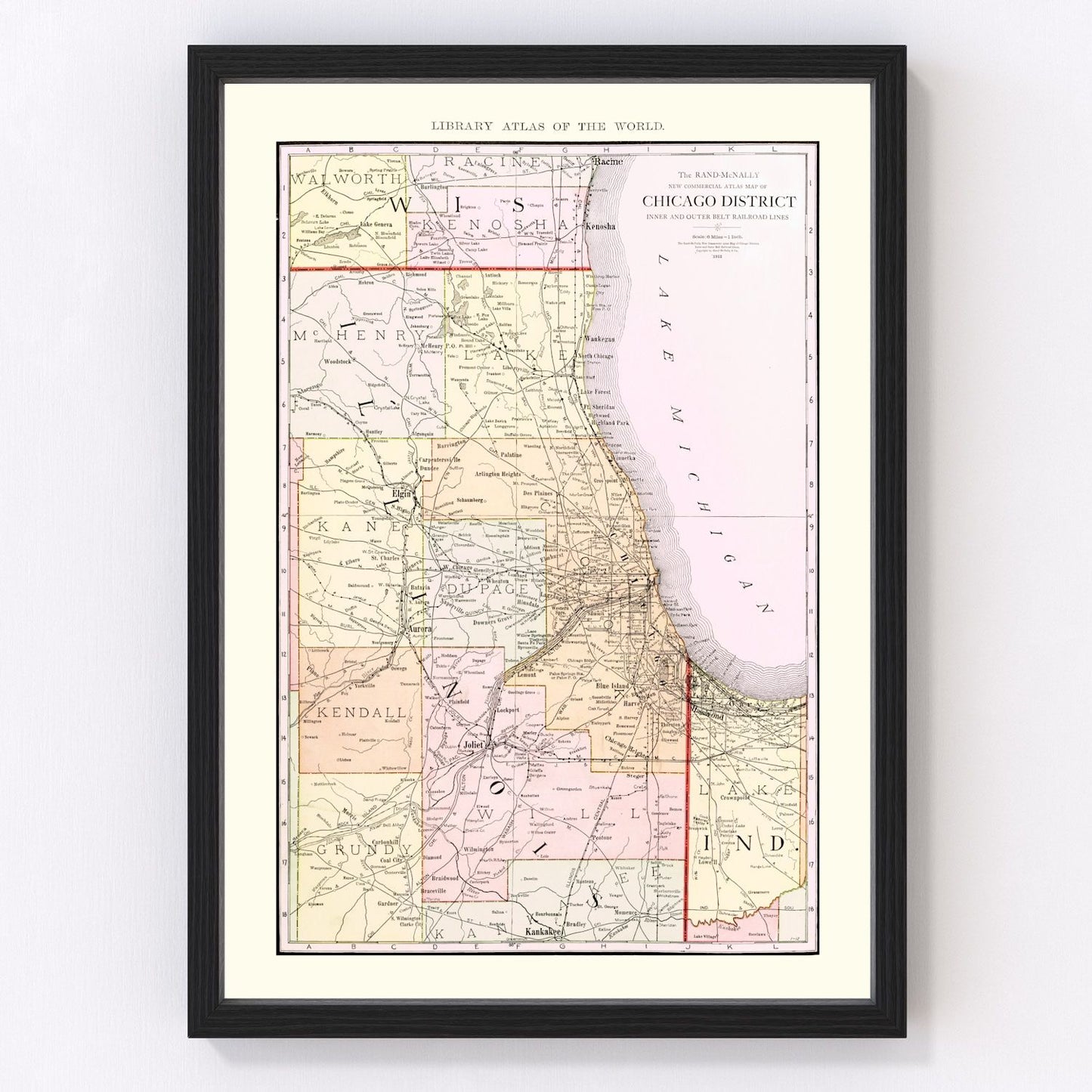 Vintage restored map of Chicago railroad lines, Illinois, 1912