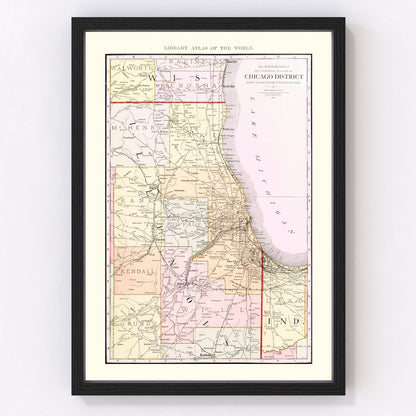 Vintage restored map of Chicago railroad lines, Illinois, 1912