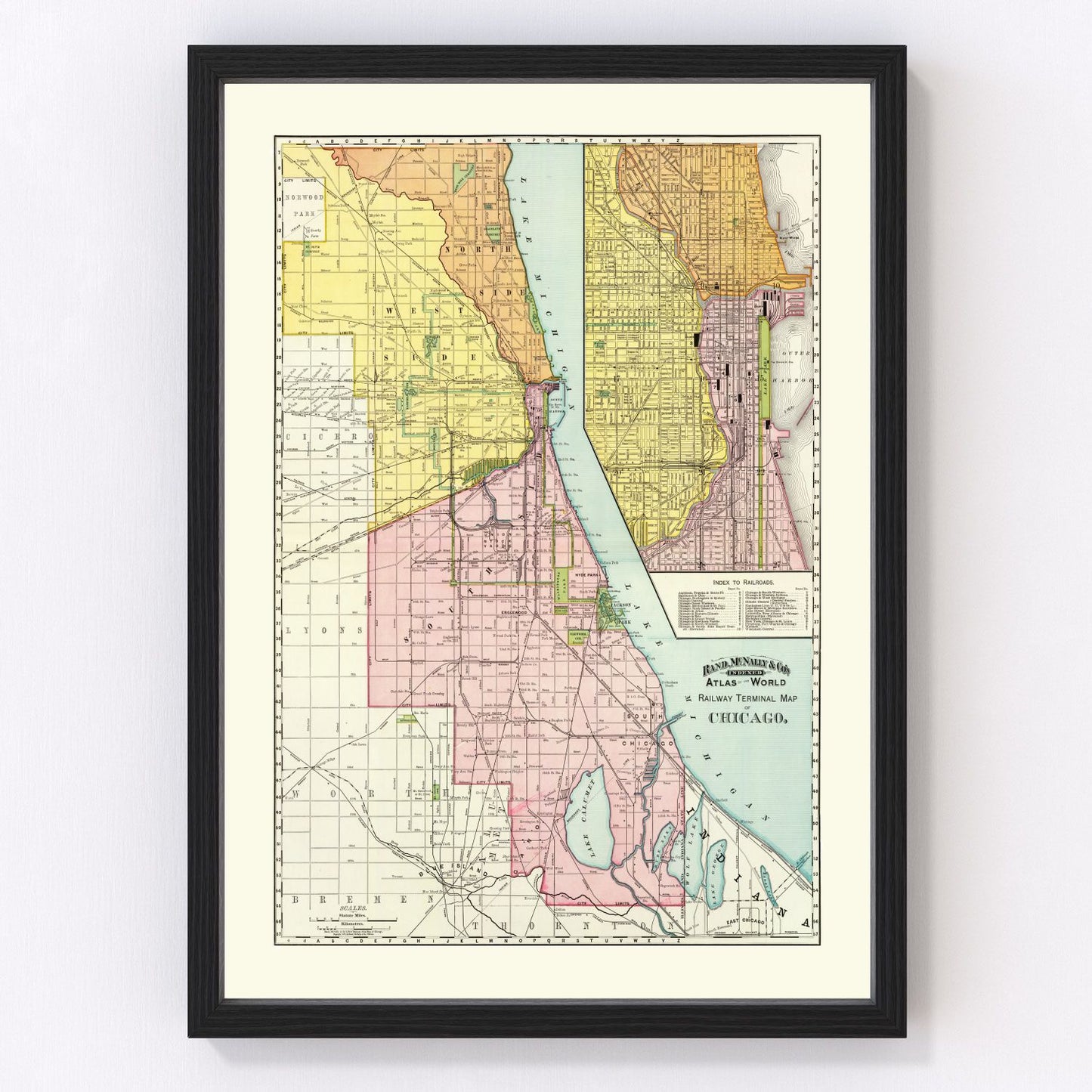 Vintage map of Chicago railway terminals, 1897, digitally restored