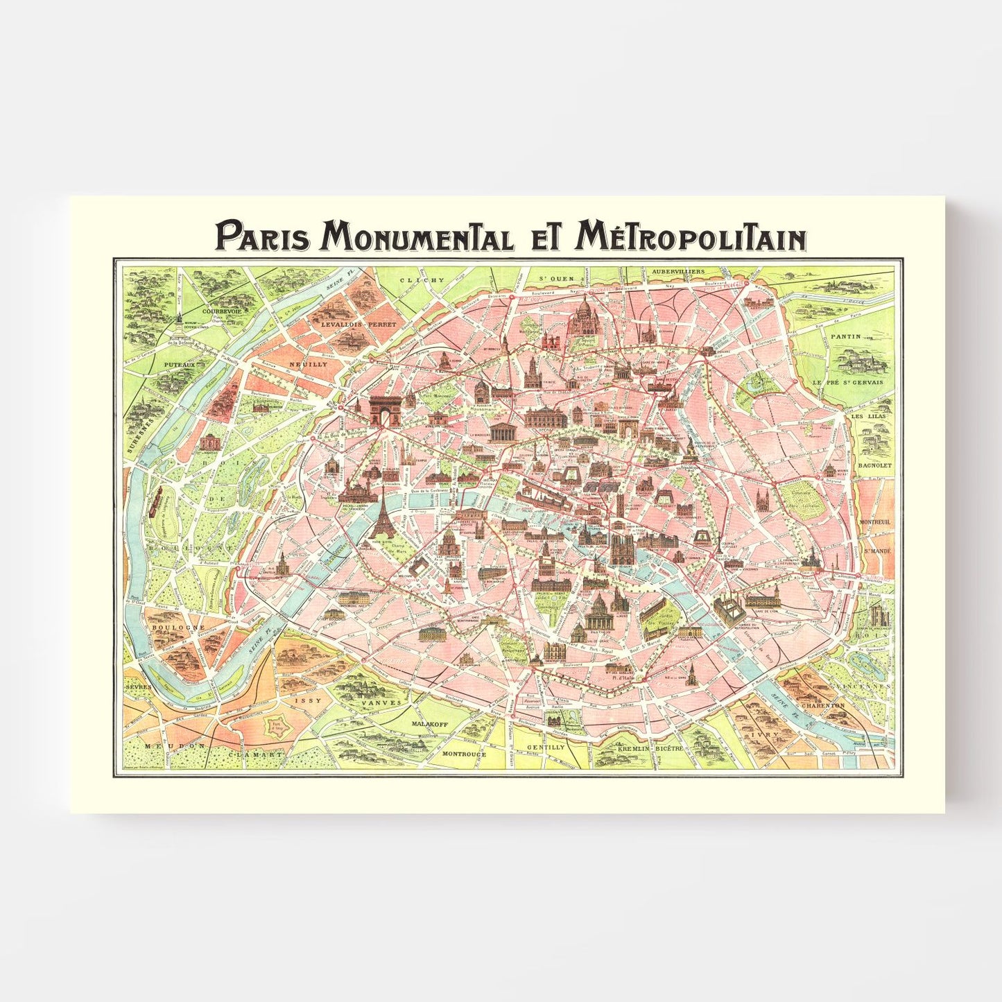 Vintage Map of Paris, France, 1911