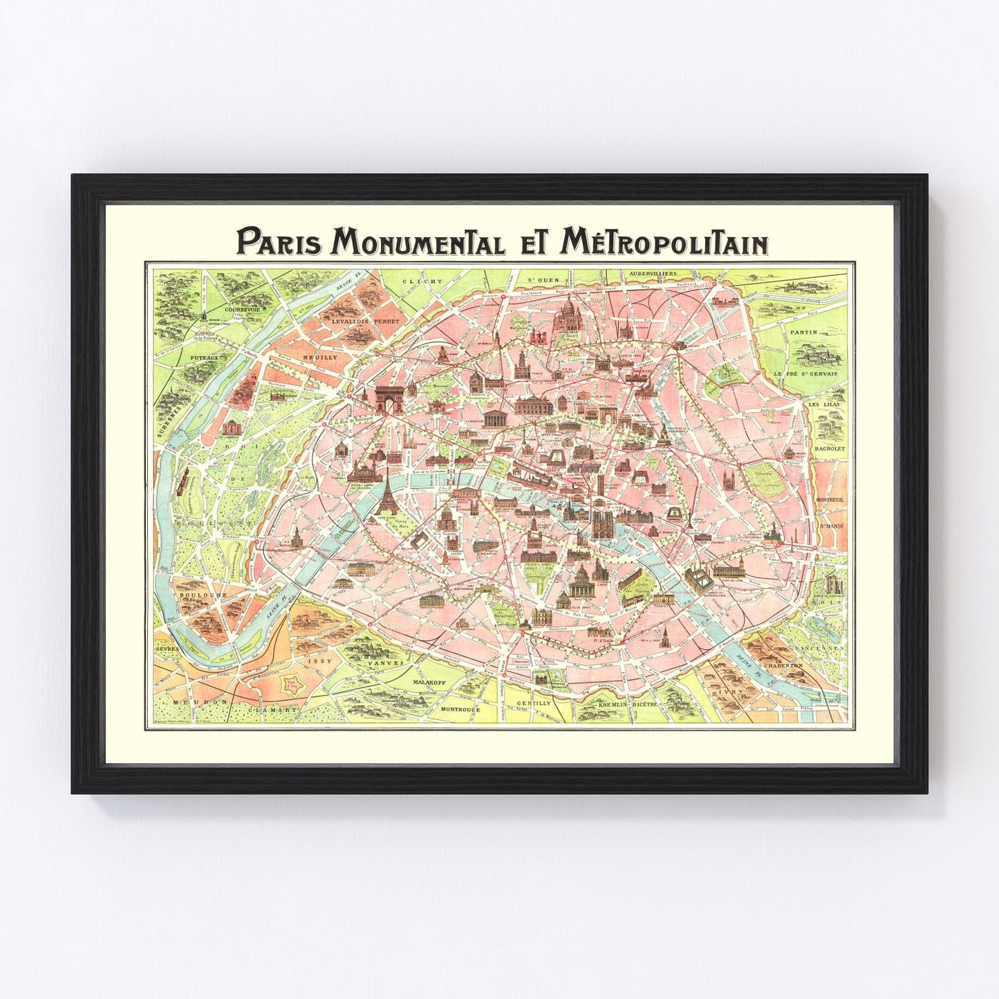 vintage map of Paris, France, 1911