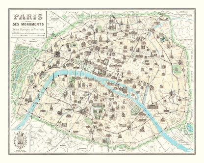 Vintage Map of Paris, France, 1905