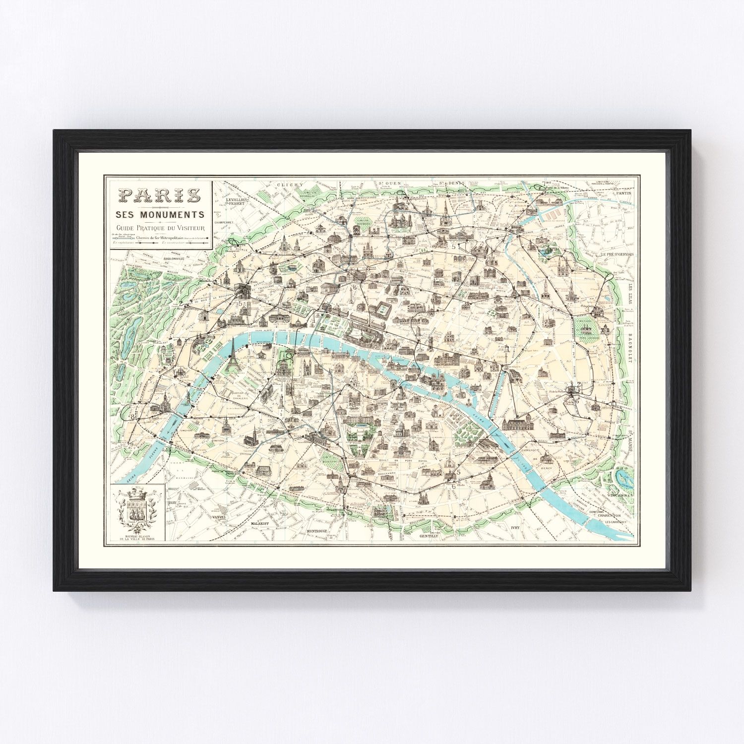 vintage map of Paris, France, 1905