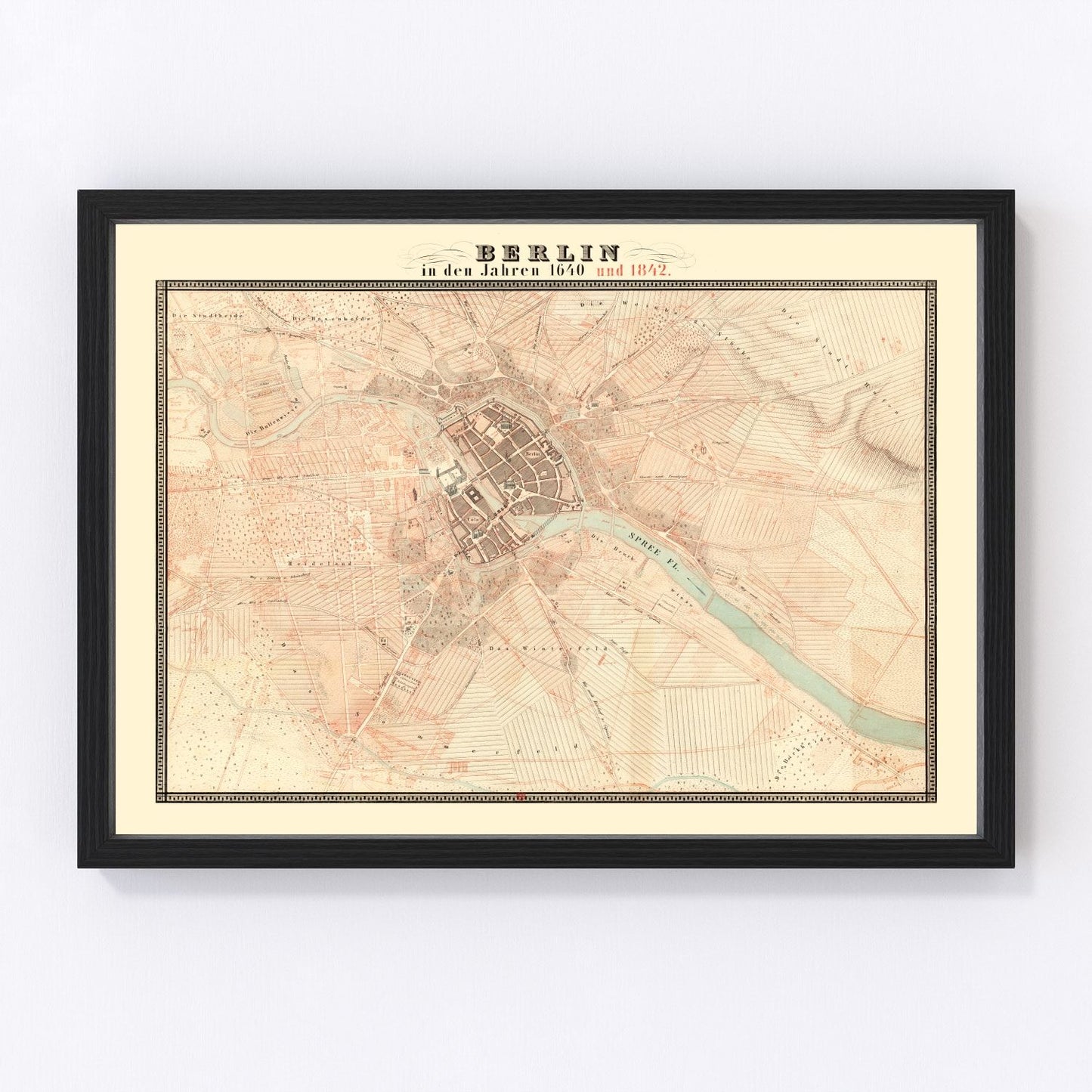 Vintage map of Berlin, Germany, 1843, Prussian capital restored print