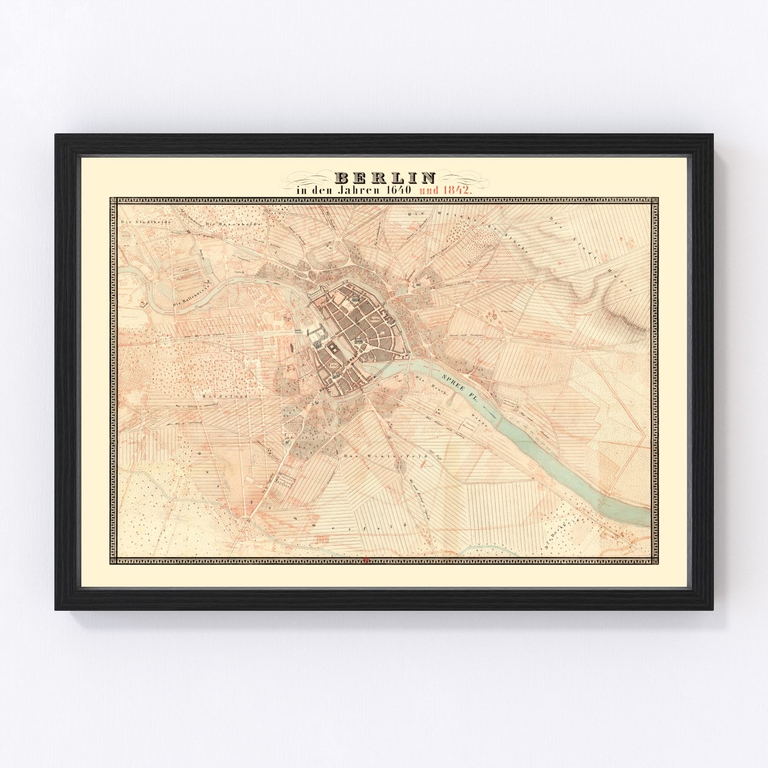 Vintage map of Berlin, Germany, 1843, Prussian capital restored print