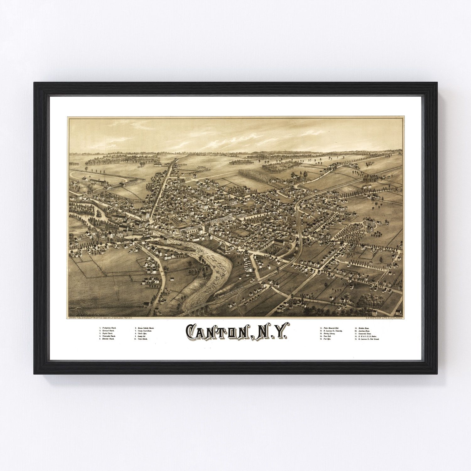 Vintage map of Canton, New York, 1885, restored vintage wall art print