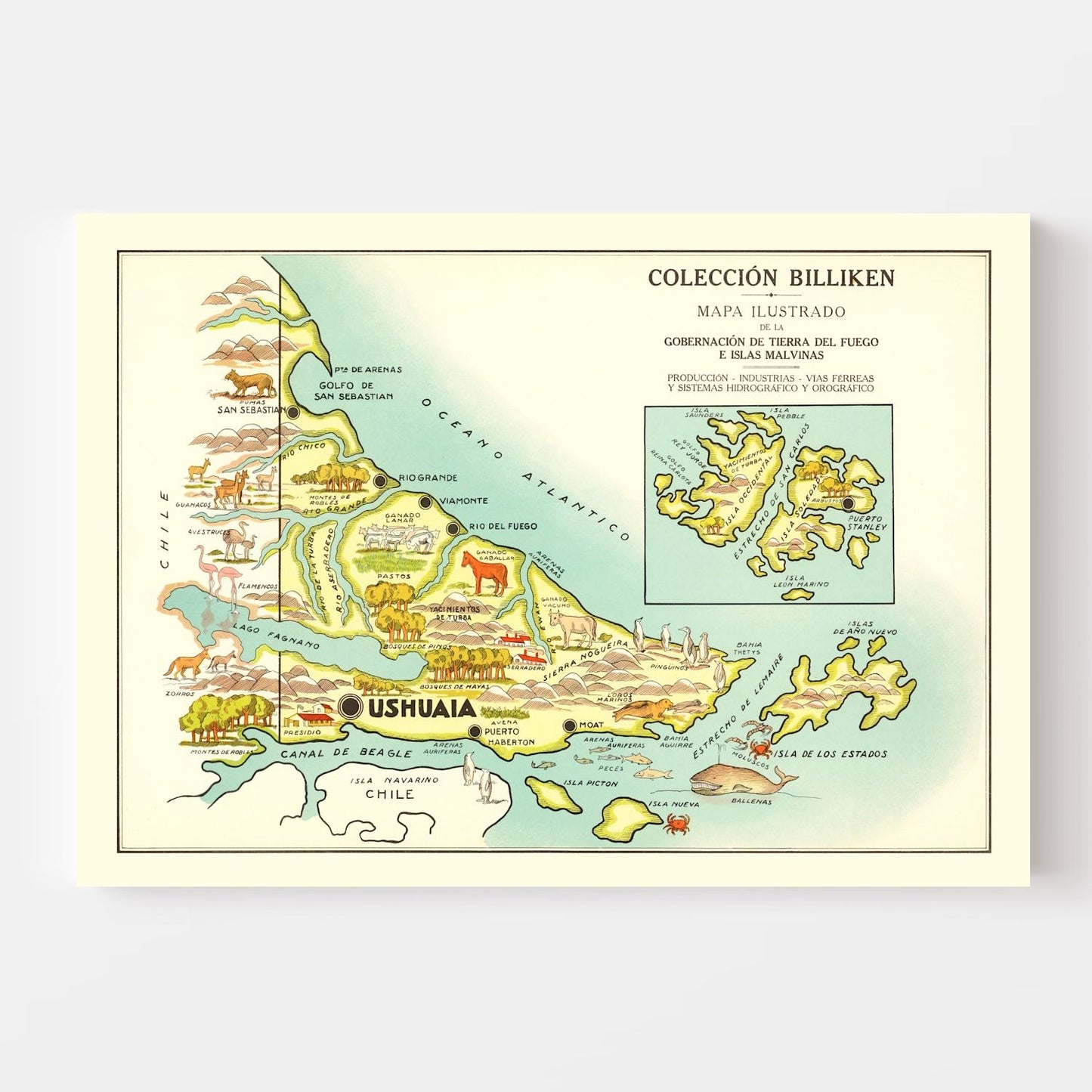 Vintage Map of Tierra del Fuego, Argentina, 1933