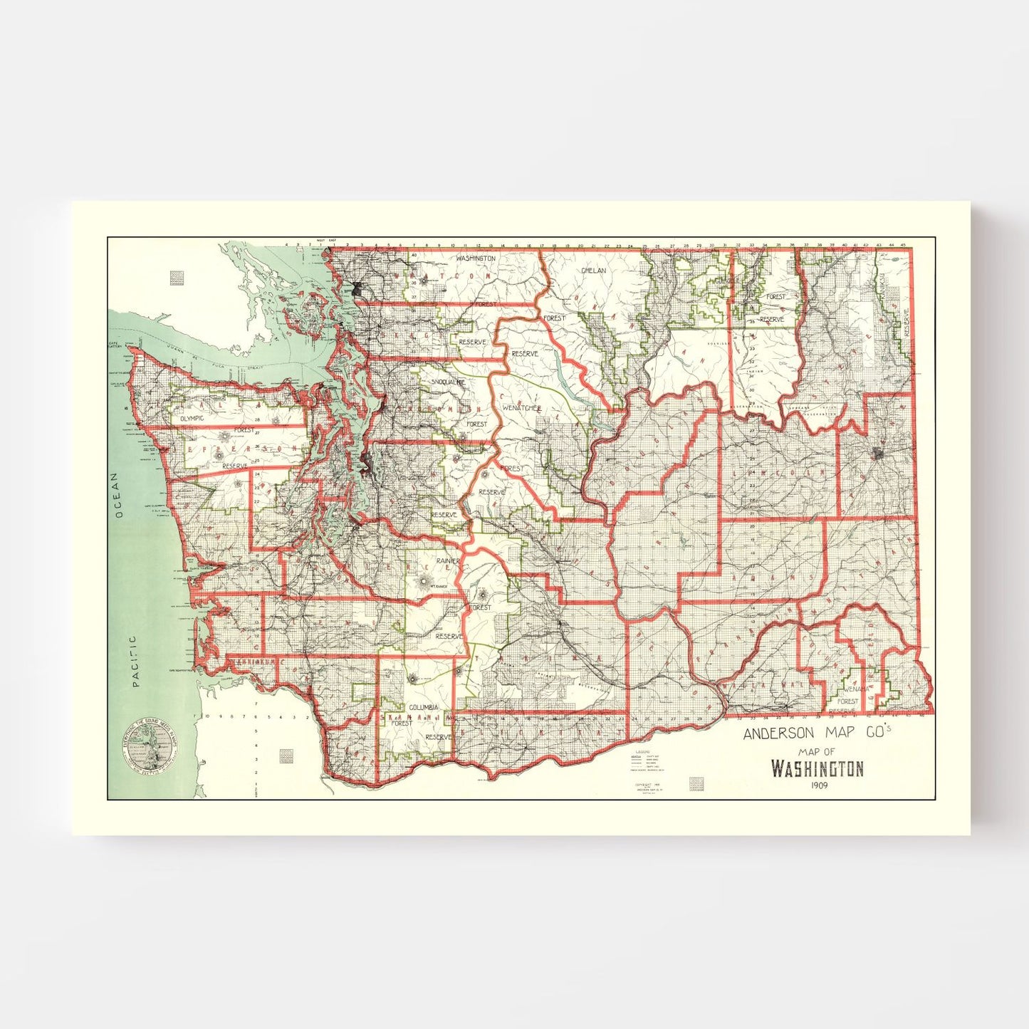 Vintage Map of Washington State, 1909 - Edition II