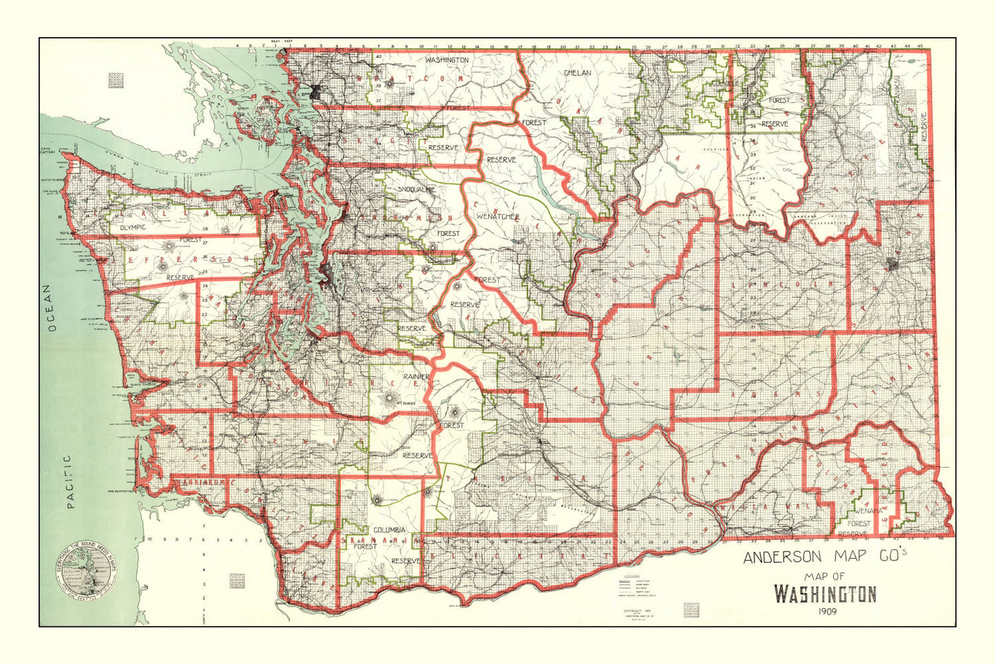 Vintage Map of Washington State, 1909 - Edition II