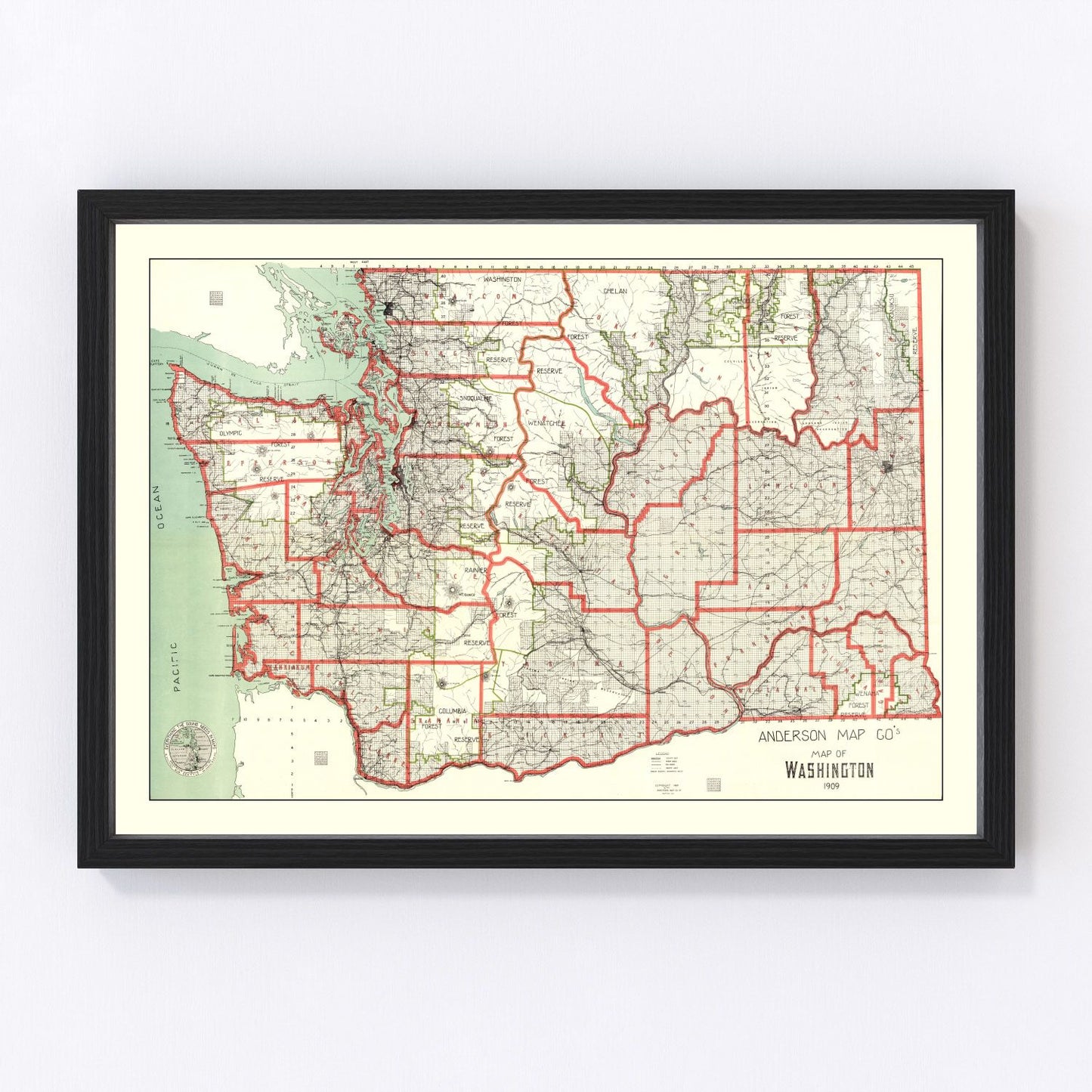 Vintage map of Washington State, 1909, Edition II, showing Pacific Northwest settlements and rivers