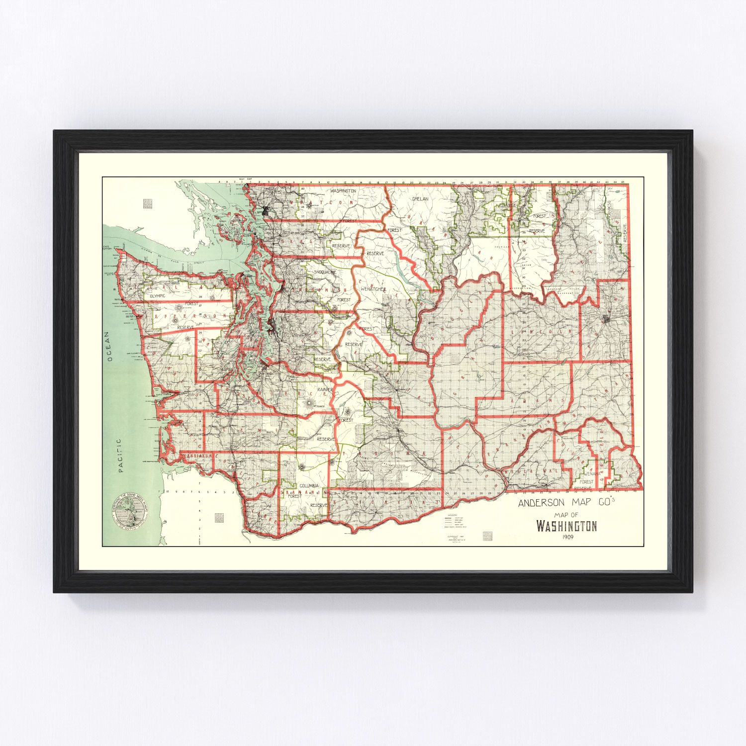 Vintage map of Washington State, 1909, Edition II, showing Pacific Northwest settlements and rivers