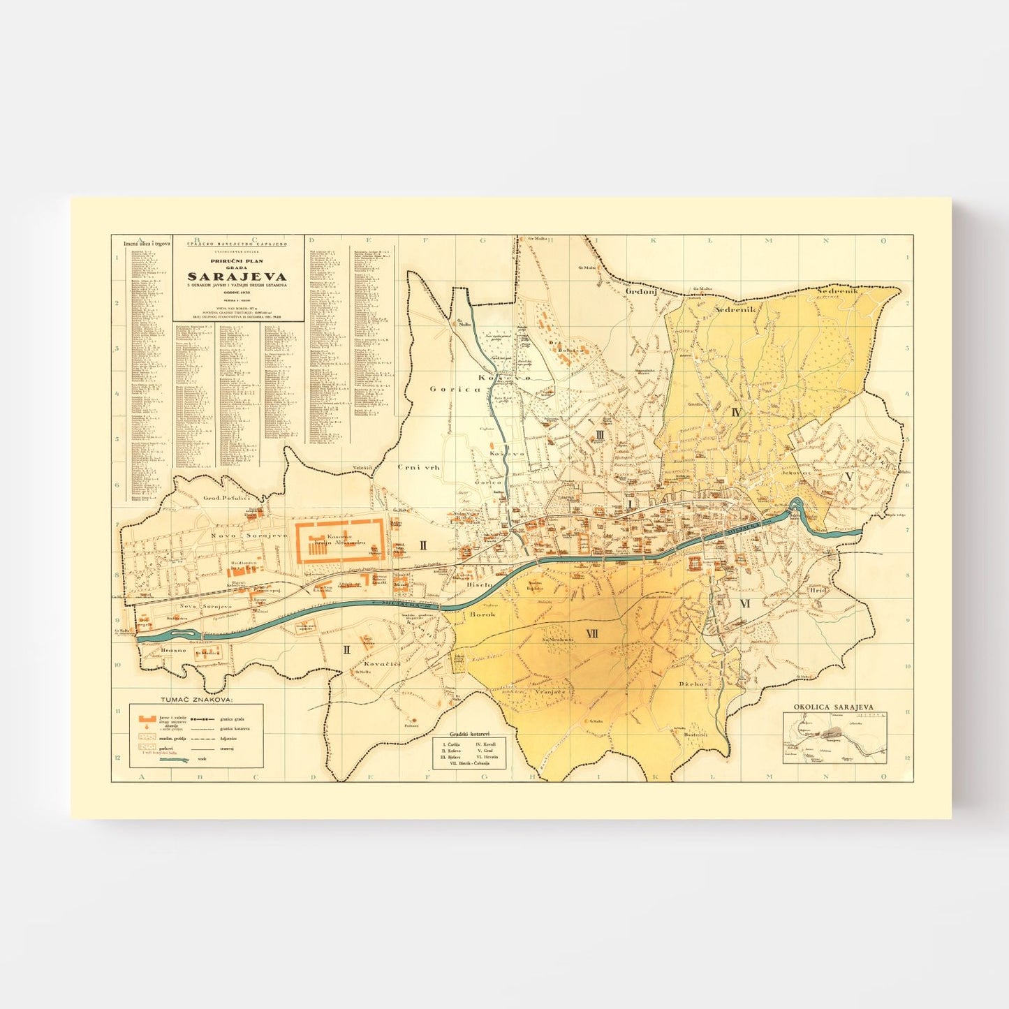 Vintage Map of Sarajevo, Bosnia, 1932