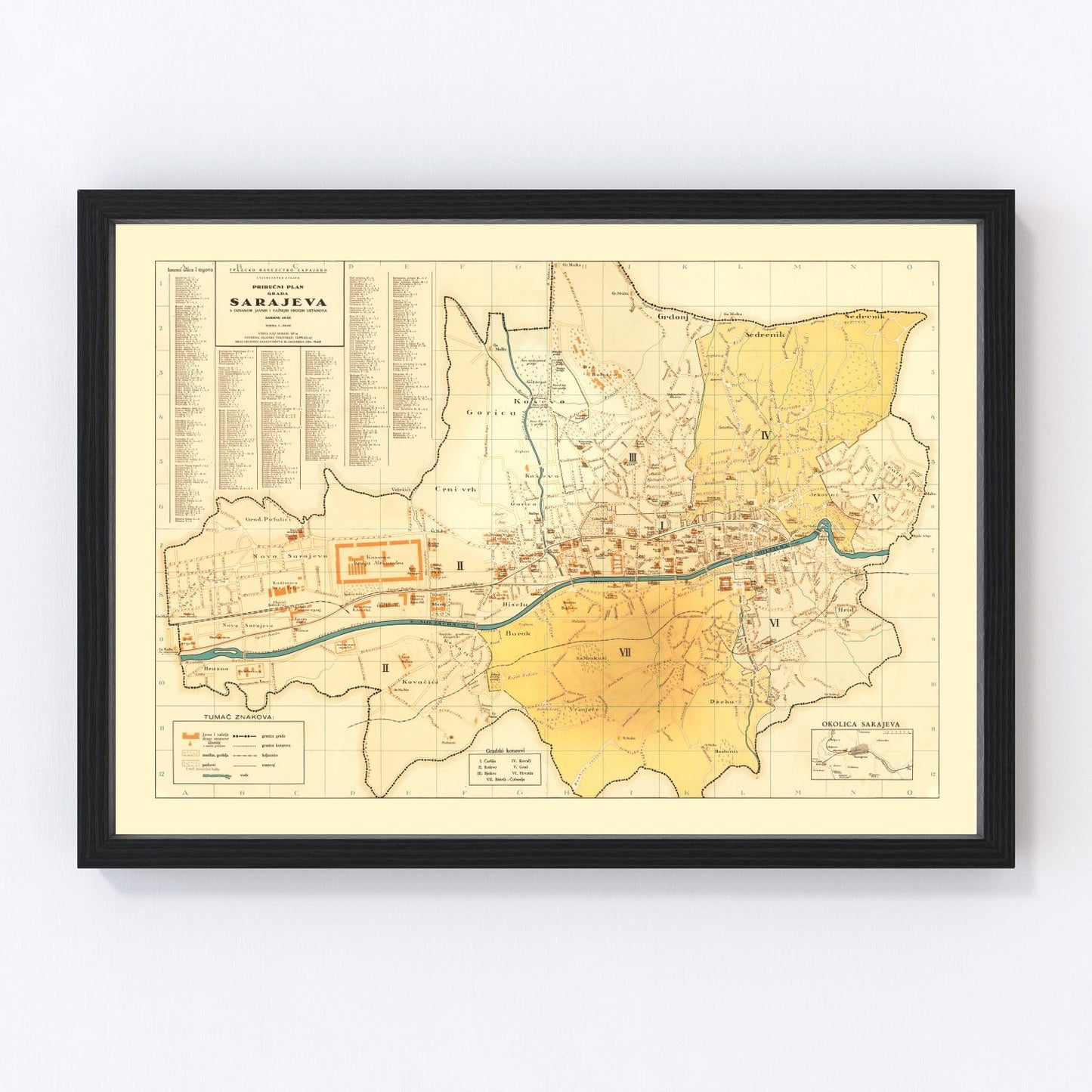 vintage map of Sarajevo, Bosnia, 1932
