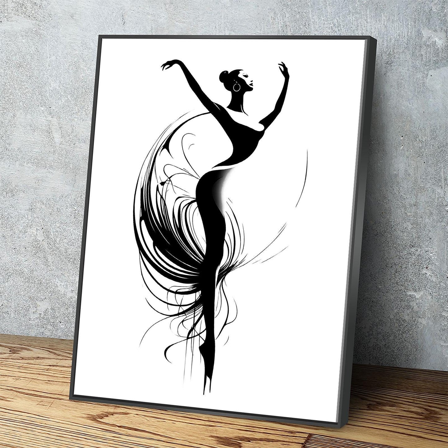 Minimalist dancer silhouette canvas wall art in a simple black and white line style