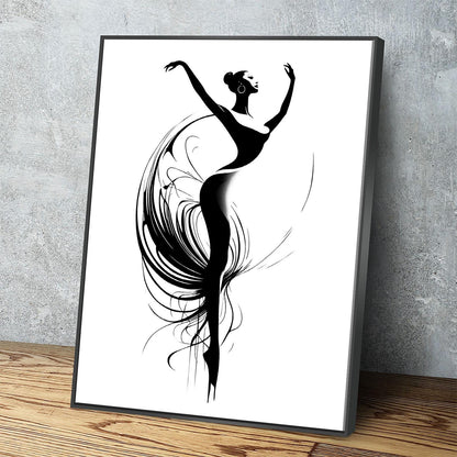 Minimalist dancer silhouette canvas wall art in a simple black and white line style