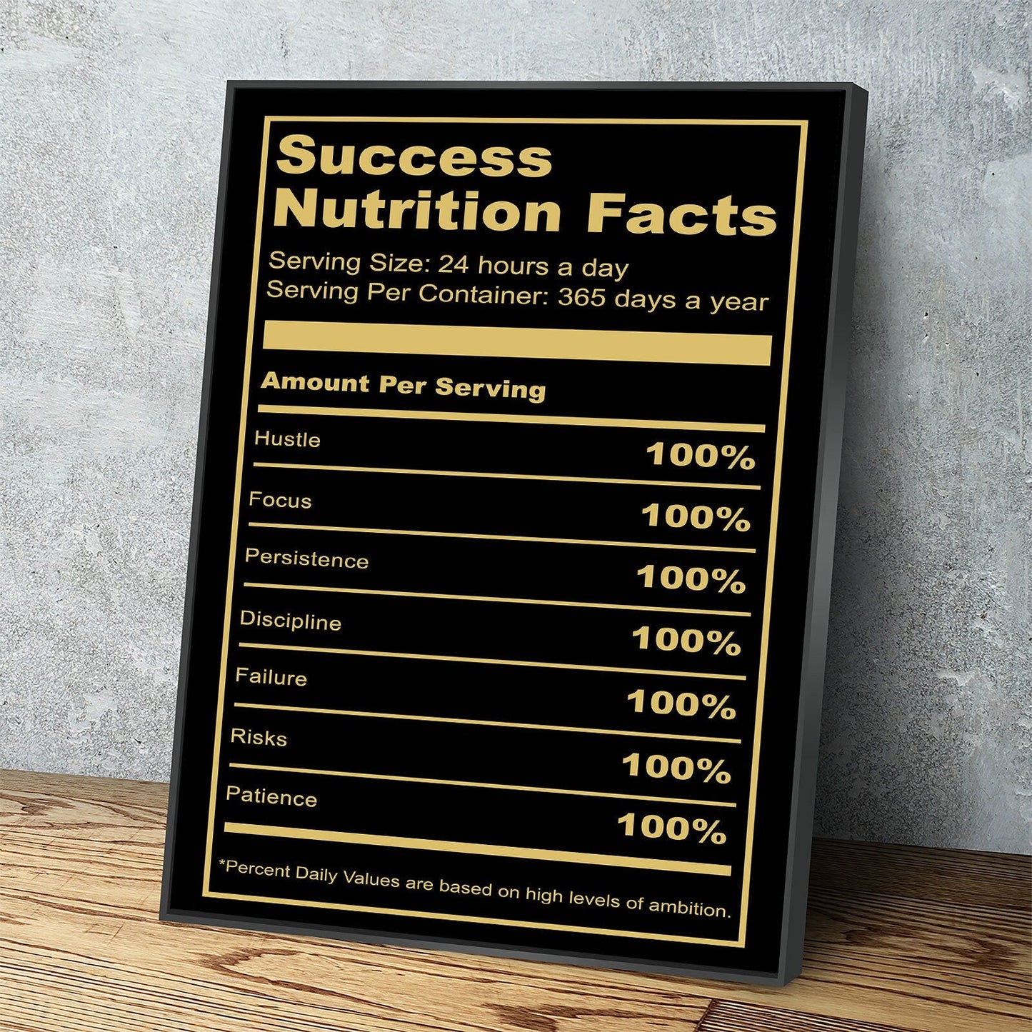 Success Nutrition Facts motivational canvas wall art in a home office
