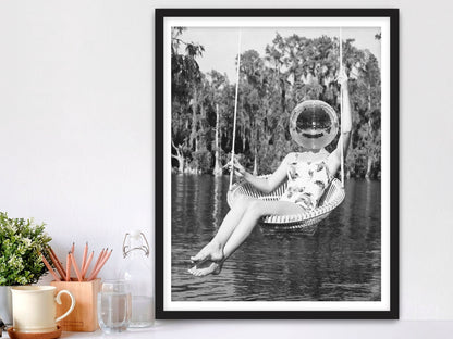 Disco Ball Headed Woman framed fine art print, black and white vintage