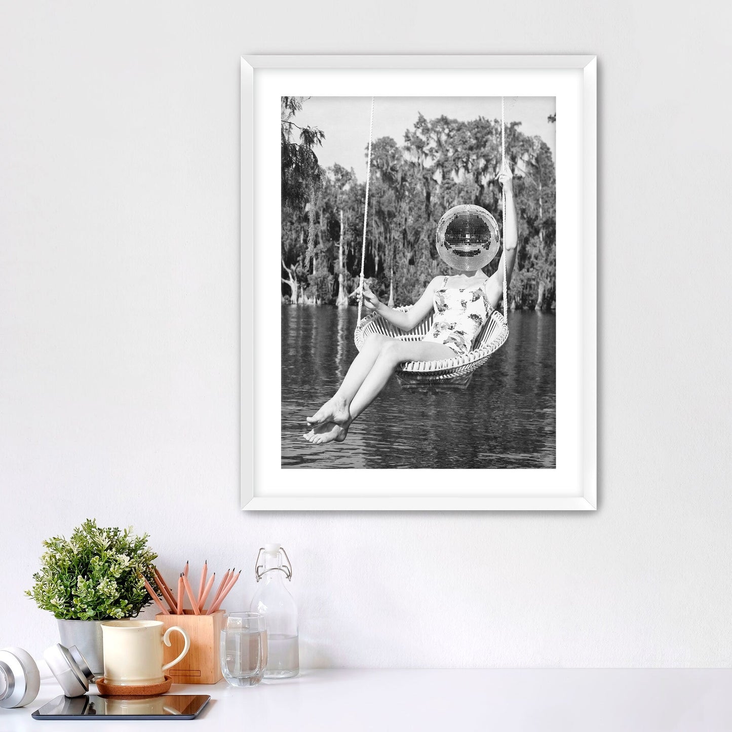 Disco Ball Headed Woman Framed Fine Art Print