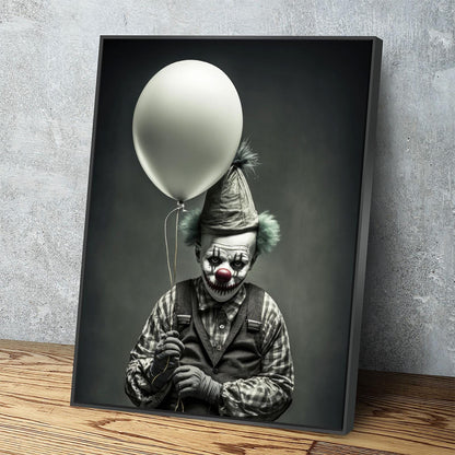 Scary clown with white balloon Halloween canvas wall art on a dark wall
