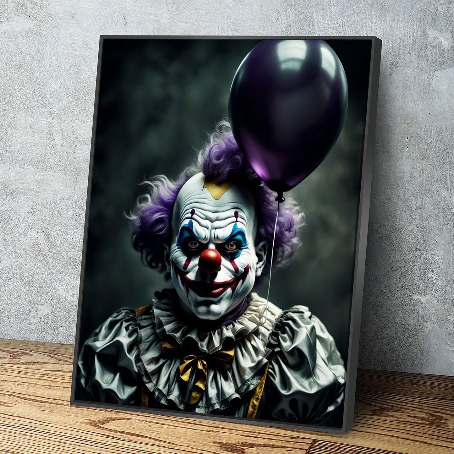 Scary clown with purple balloon Halloween canvas wall art on a dark wall