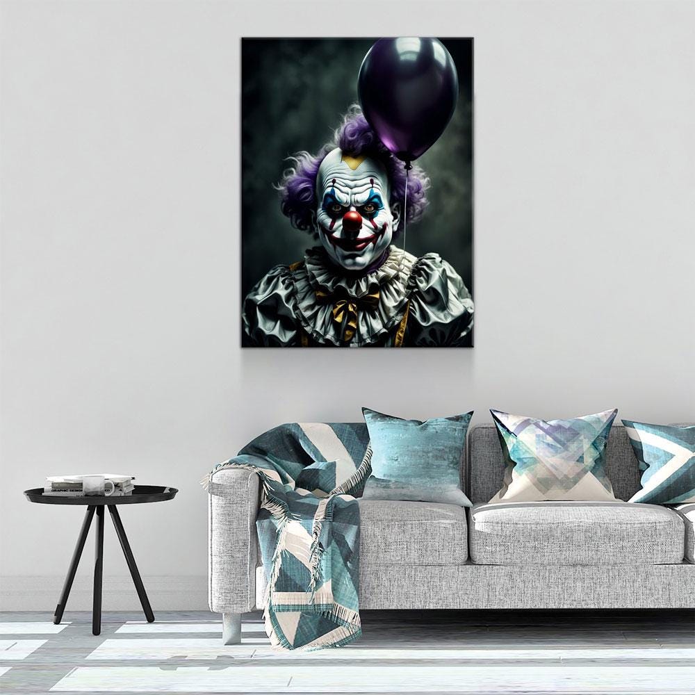 Scary Clown With Purple Balloon Halloween Canvas Art