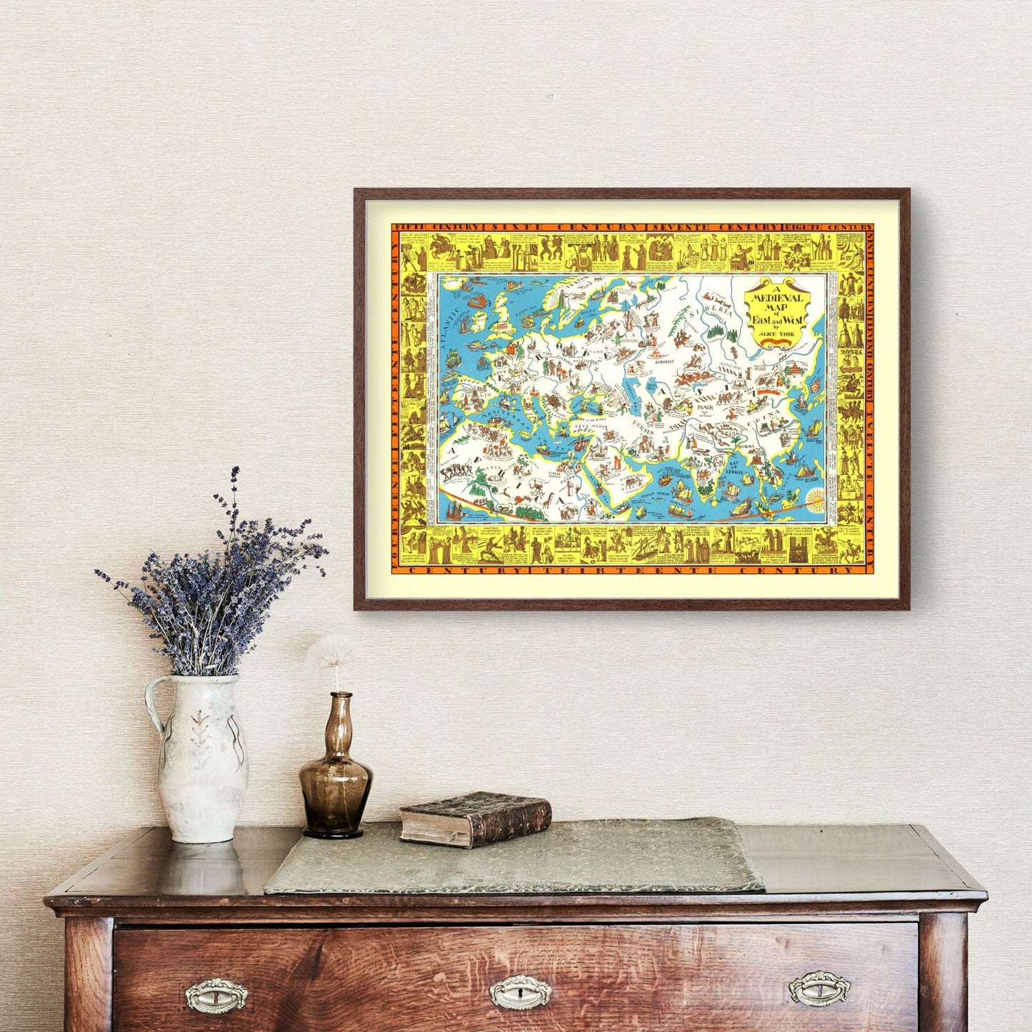 Vintage Medieval Map of East and West, 1925