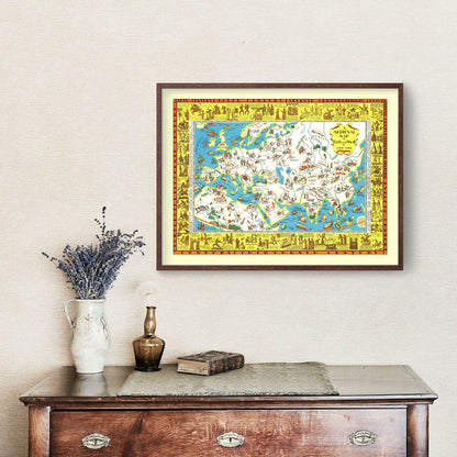Vintage Medieval Map of East and West, 1925