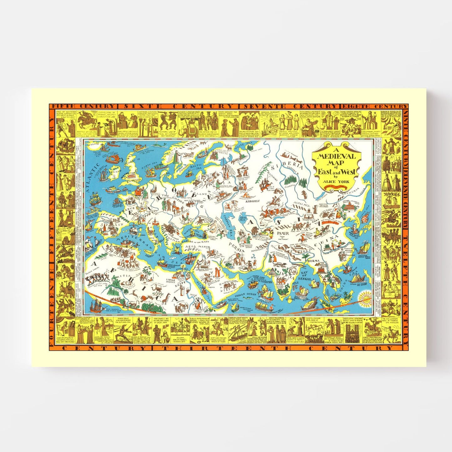 Vintage Medieval Map of East and West, 1925
