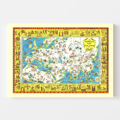 Vintage Medieval Map of East and West, 1925