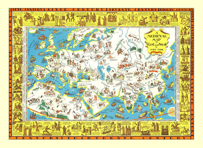Vintage Medieval Map of East and West, 1925