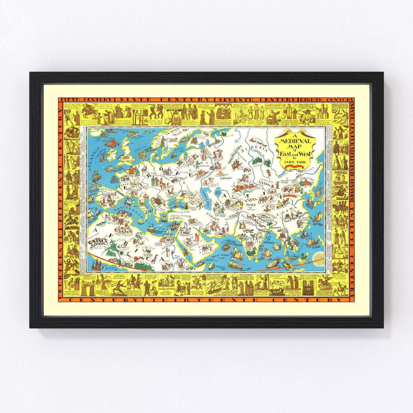 Vintage 1925 medieval map of East and West, digitally restored print