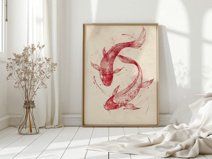 Koi Fish Wall Art Minimalist Japanese Ink Print