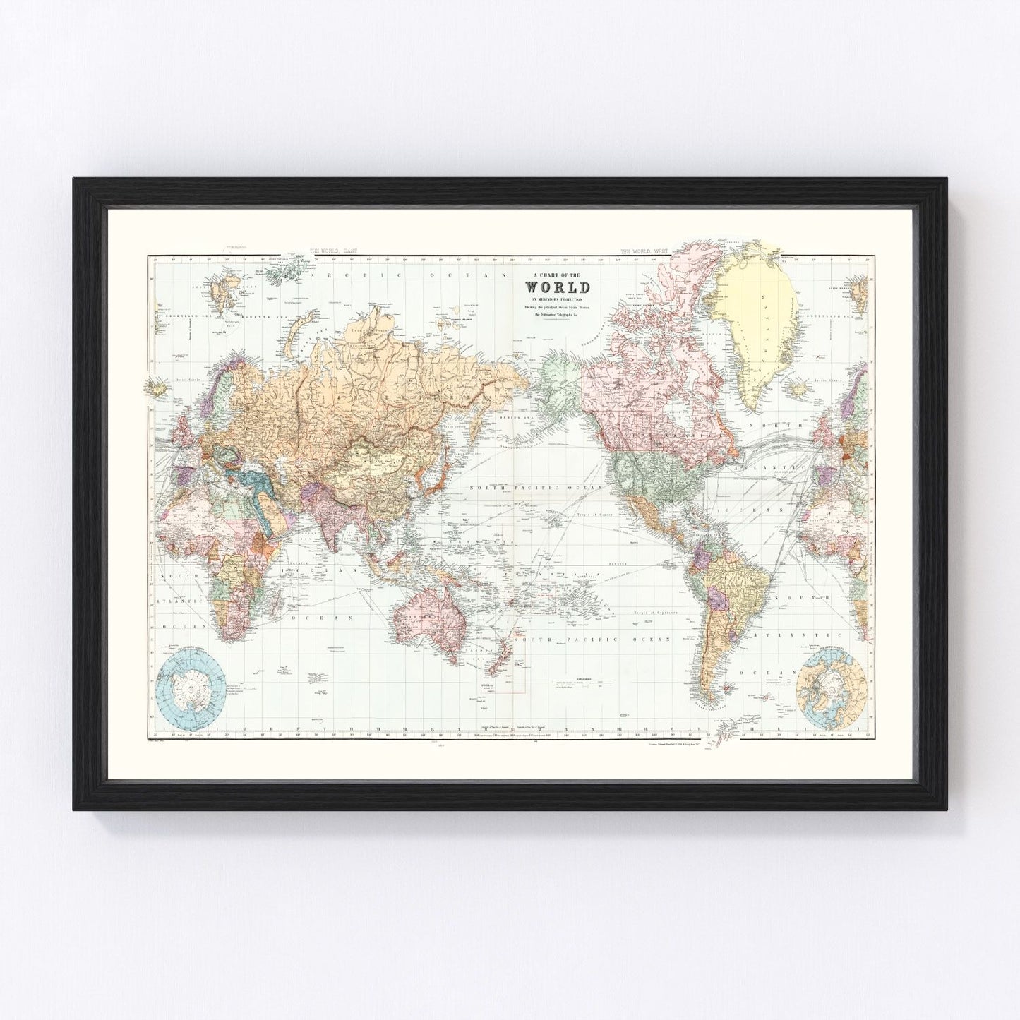Vintage 1904 world map charting empires territories and ocean routes at dawn of 20th century, restored print