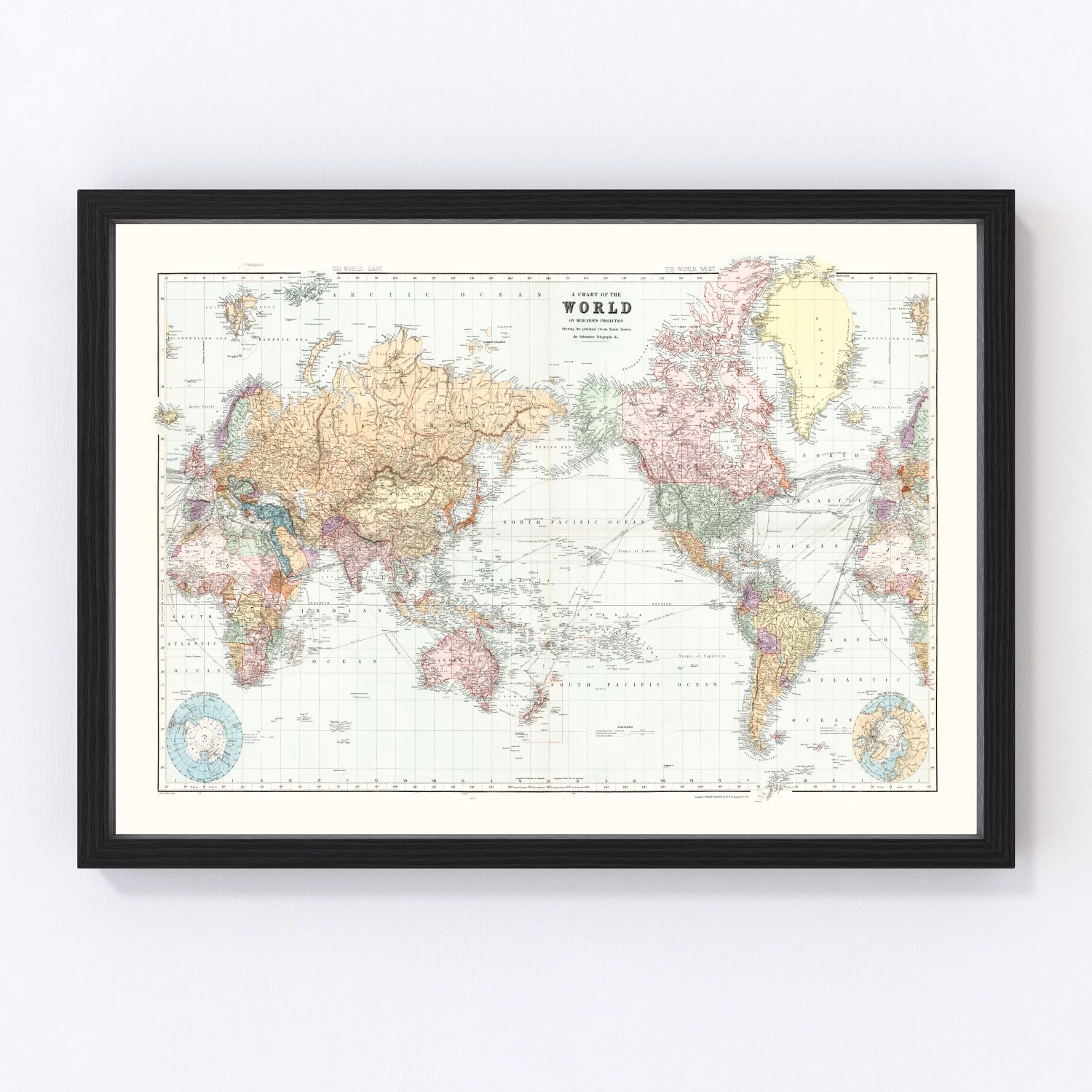 Vintage 1904 world map charting empires territories and ocean routes at dawn of 20th century, restored print