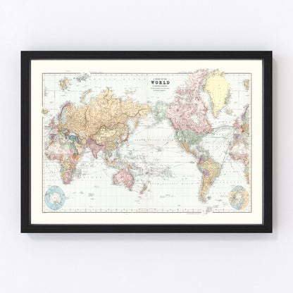 Vintage 1904 world map charting empires territories and ocean routes at dawn of 20th century, restored print