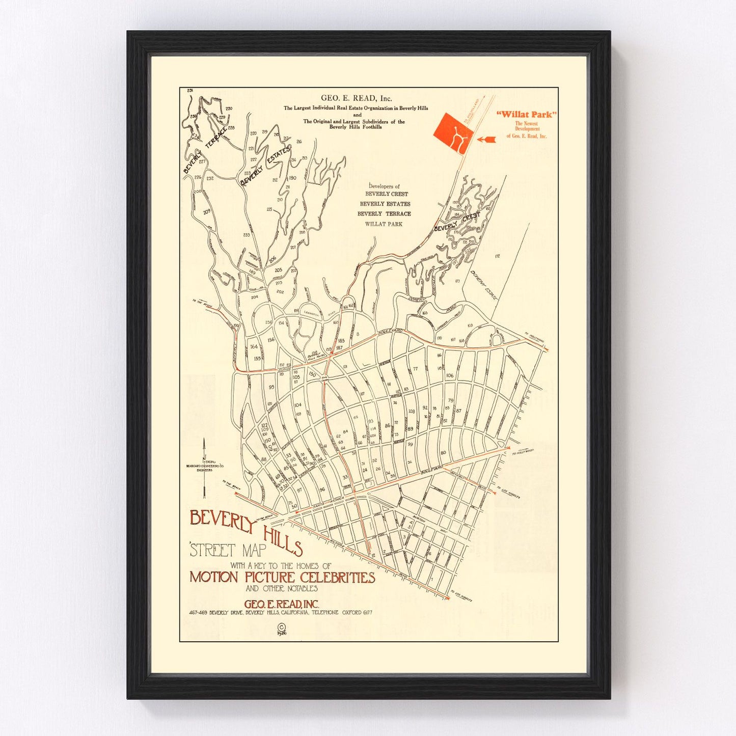 Vintage street map of Beverly Hills, California, 1926 - restored Hollywood era city grid