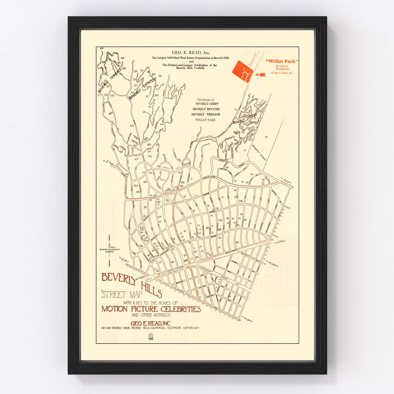Vintage street map of Beverly Hills, California, 1926 - restored Hollywood era city grid