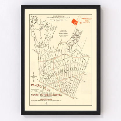 Vintage street map of Beverly Hills, California, 1926 - restored Hollywood era city grid