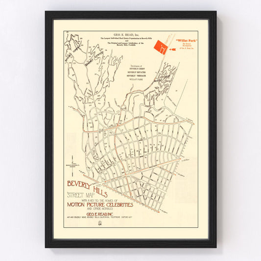 Vintage street map of Beverly Hills, California, 1926 - restored Hollywood era city grid