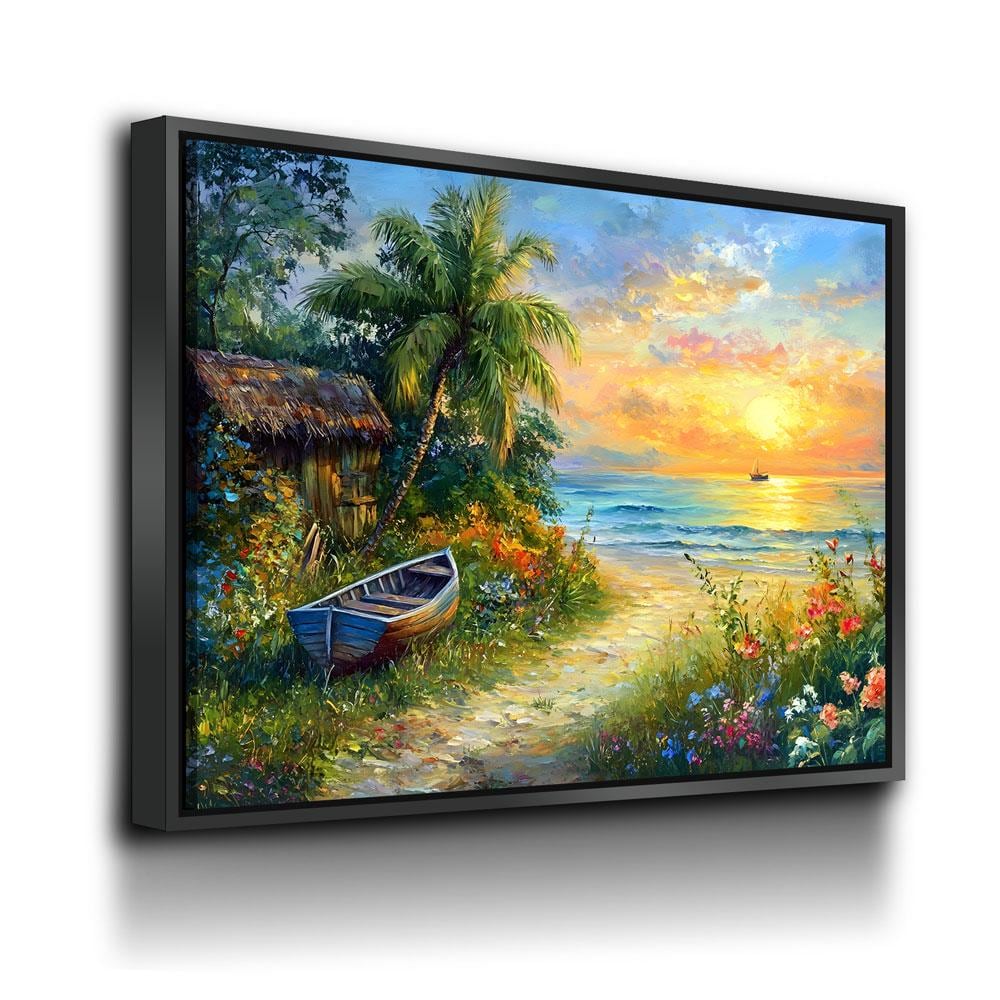 Boat On Tropical Beach coastal canvas wall art in a beach house living room
