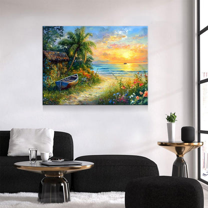 Boat On Tropical Beach Coastal Canvas Wall Art