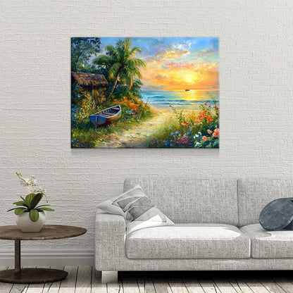 Boat On Tropical Beach Coastal Canvas Wall Art