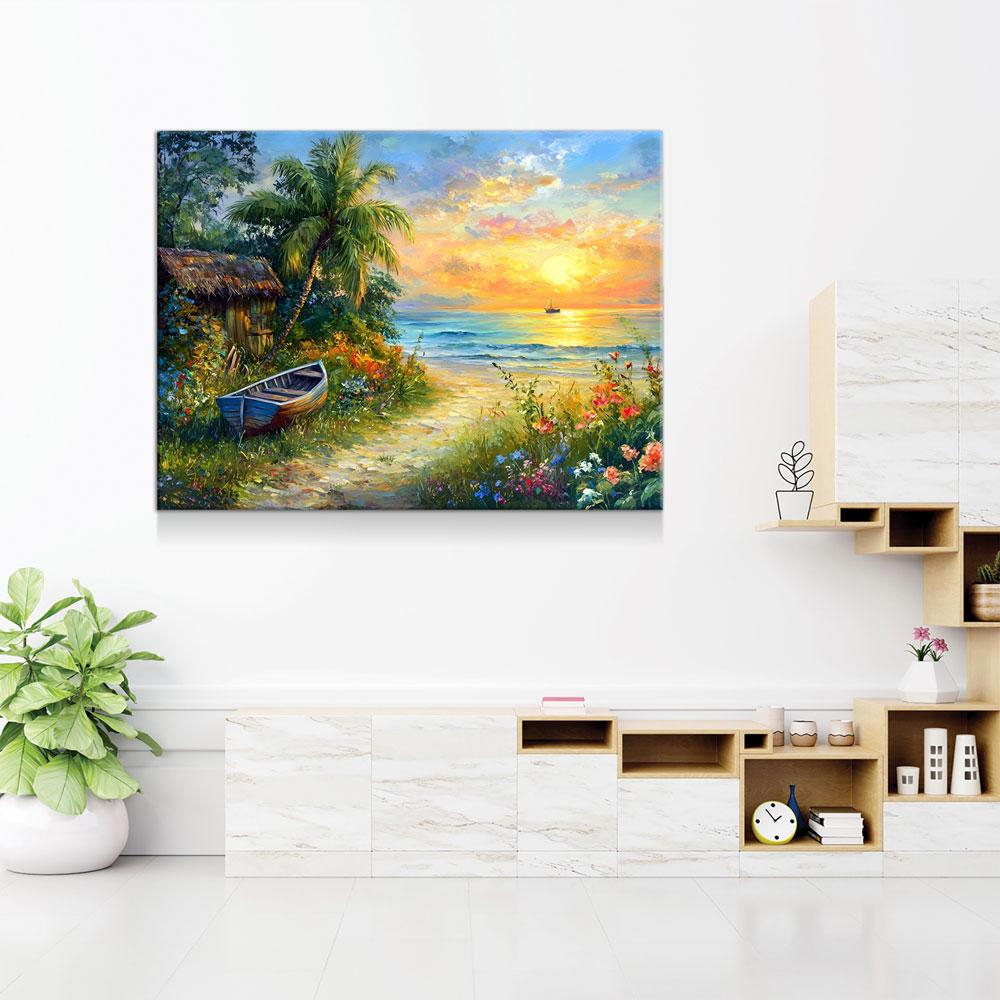 Boat On Tropical Beach Coastal Canvas Wall Art