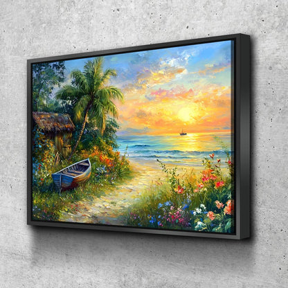 Boat On Tropical Beach Coastal Canvas Wall Art