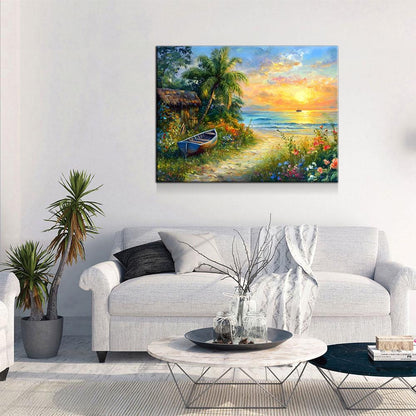 Boat On Tropical Beach Coastal Canvas Wall Art